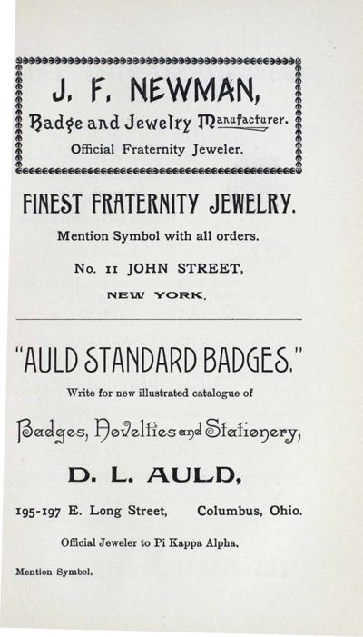 Badges, Novelties and Stationery Pi Kappa Alpha Advertisement, December 1906